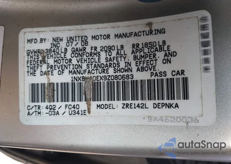 2009 Toyota Corolla Xle z USA, uszkodzony, nr VIN 1NXBU40EX9Z080683